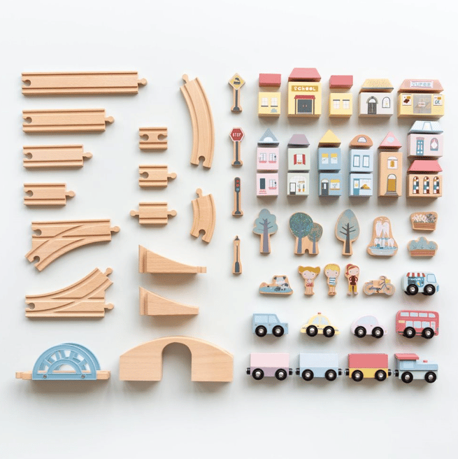 One Two Fun Train circuit avec accessoires - 90 pièces - en bois pas cher 